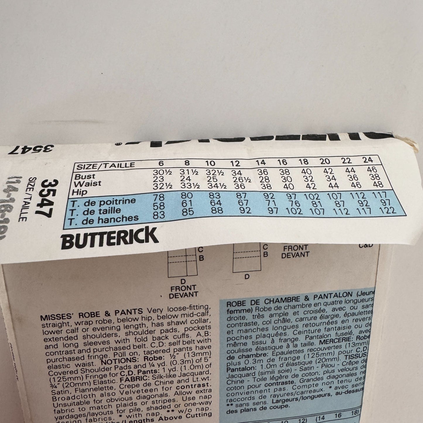 Butterick Classics Sewing Pattern 3547 Misses Robe and Pants 14-18 1980s Vintage