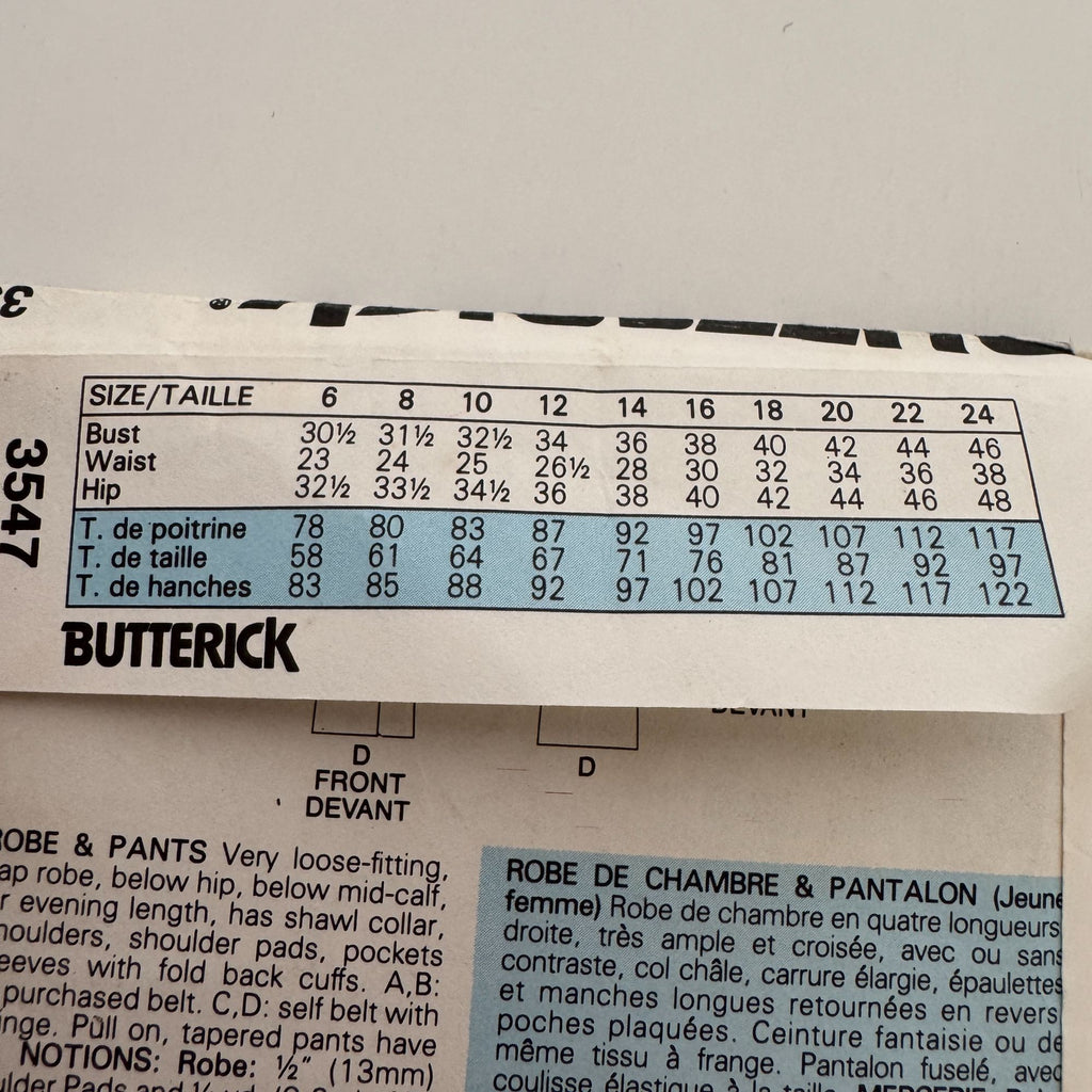 Butterick Classics Sewing Pattern 3547 Misses Robe and Pants 14-18 1980s Vintage