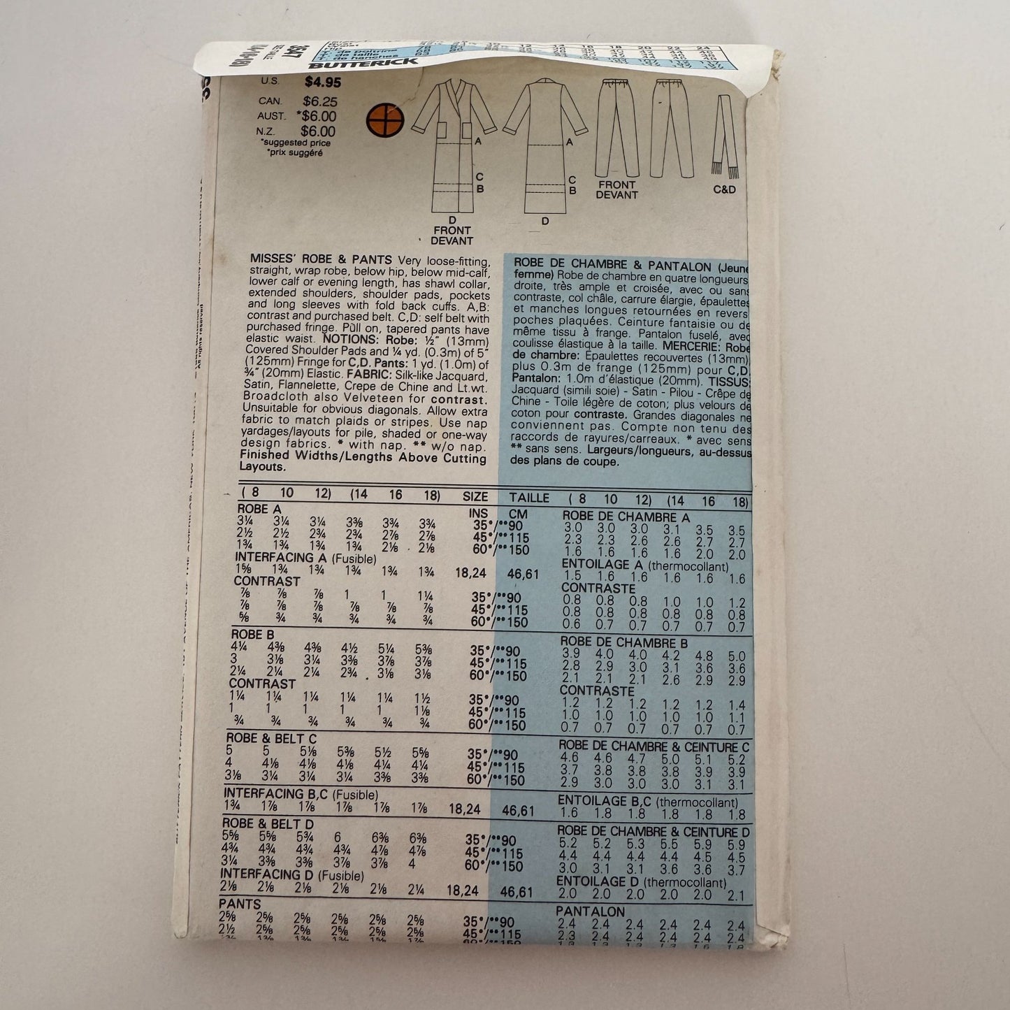 Butterick Classics Sewing Pattern 3547 Misses Robe and Pants 14-18 1980s Vintage