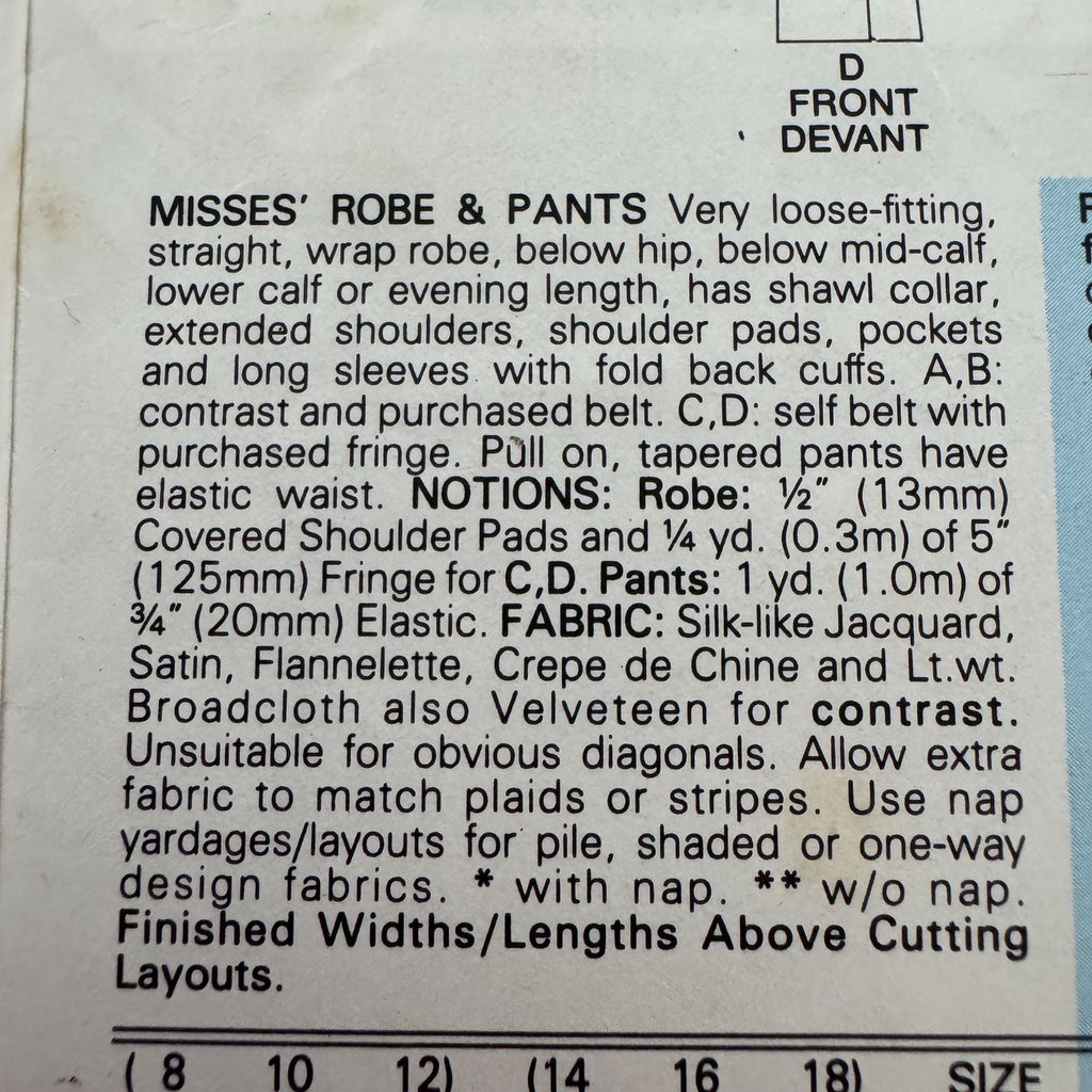 Butterick Classics Sewing Pattern 3547 Misses Robe and Pants 14-18 1980s Vintage