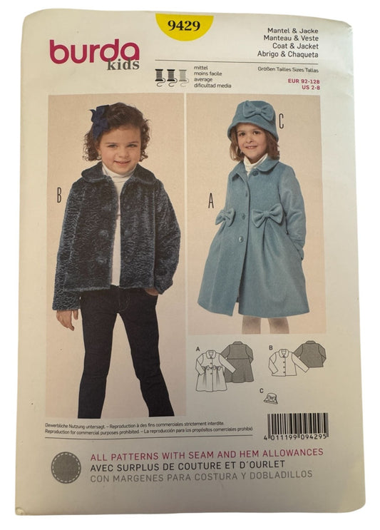 Burda Sewing Pattern 9429 Kids Coat Jacket Girls 2-8 Fall Winter Wool Fleece UC