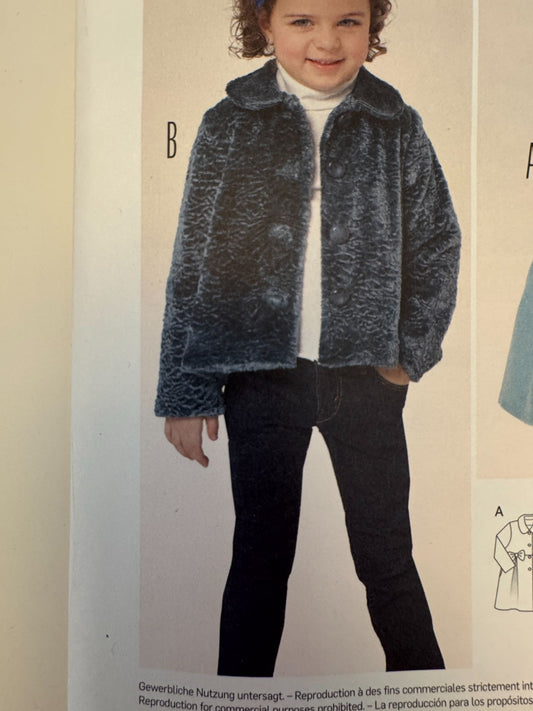 Burda Sewing Pattern 9429 Kids Coat Jacket Girls 2-8 Fall Winter Wool Fleece UC