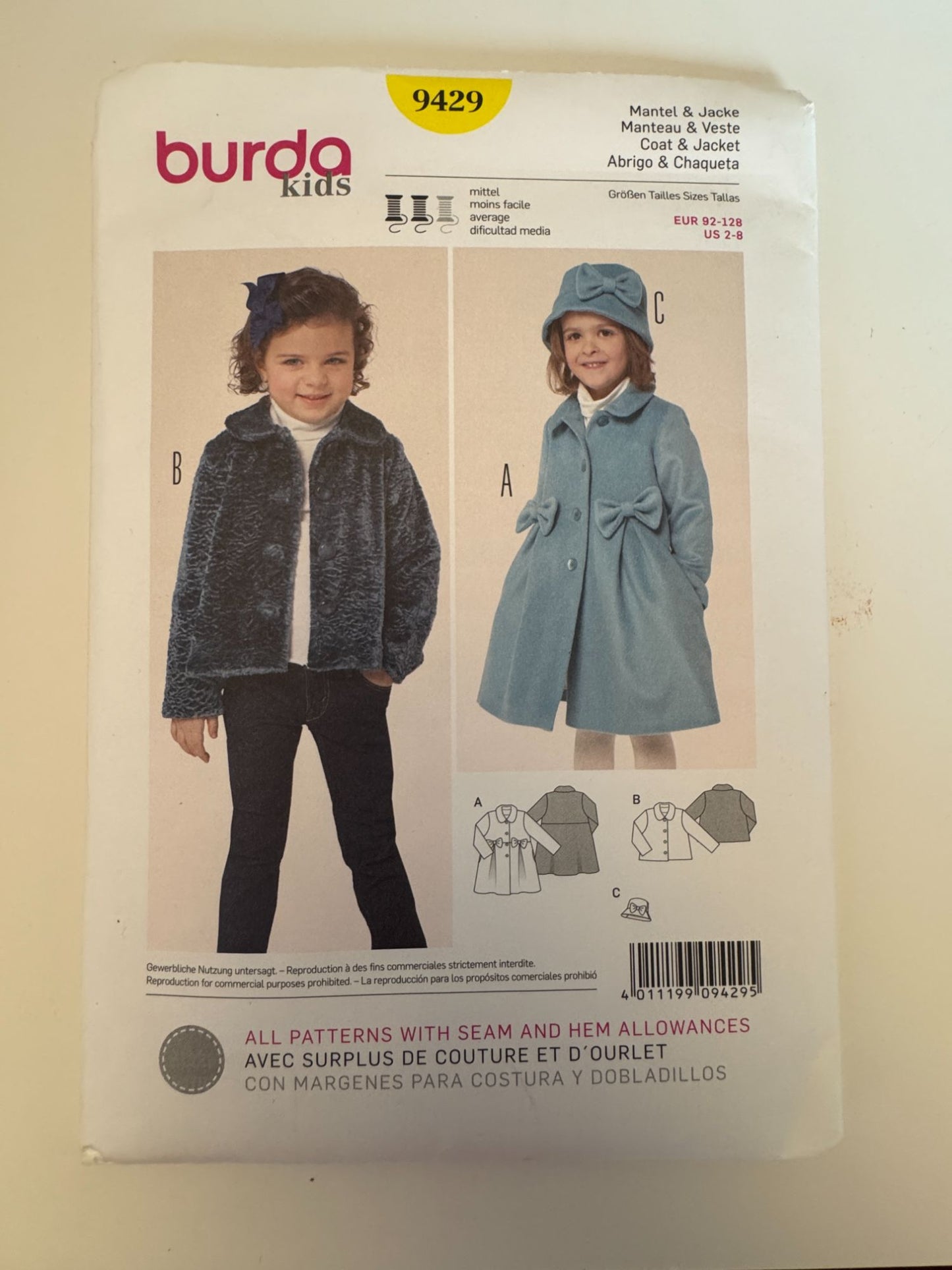 Burda Sewing Pattern 9429 Kids Coat Jacket Girls 2-8 Fall Winter Wool Fleece UC