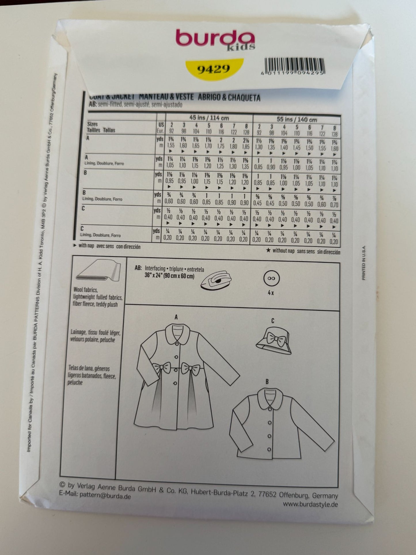Burda Sewing Pattern 9429 Kids Coat Jacket Girls 2-8 Fall Winter Wool Fleece UC