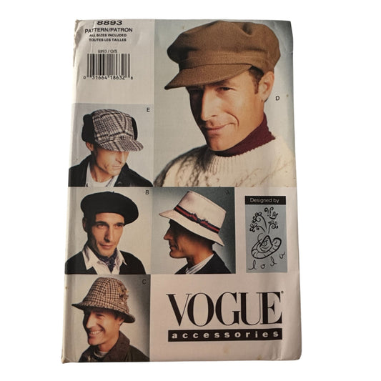Vogue Sewing Pattern 8893 Hat Beret Bucket Trilby Hunters Newsboy Messenger Golf