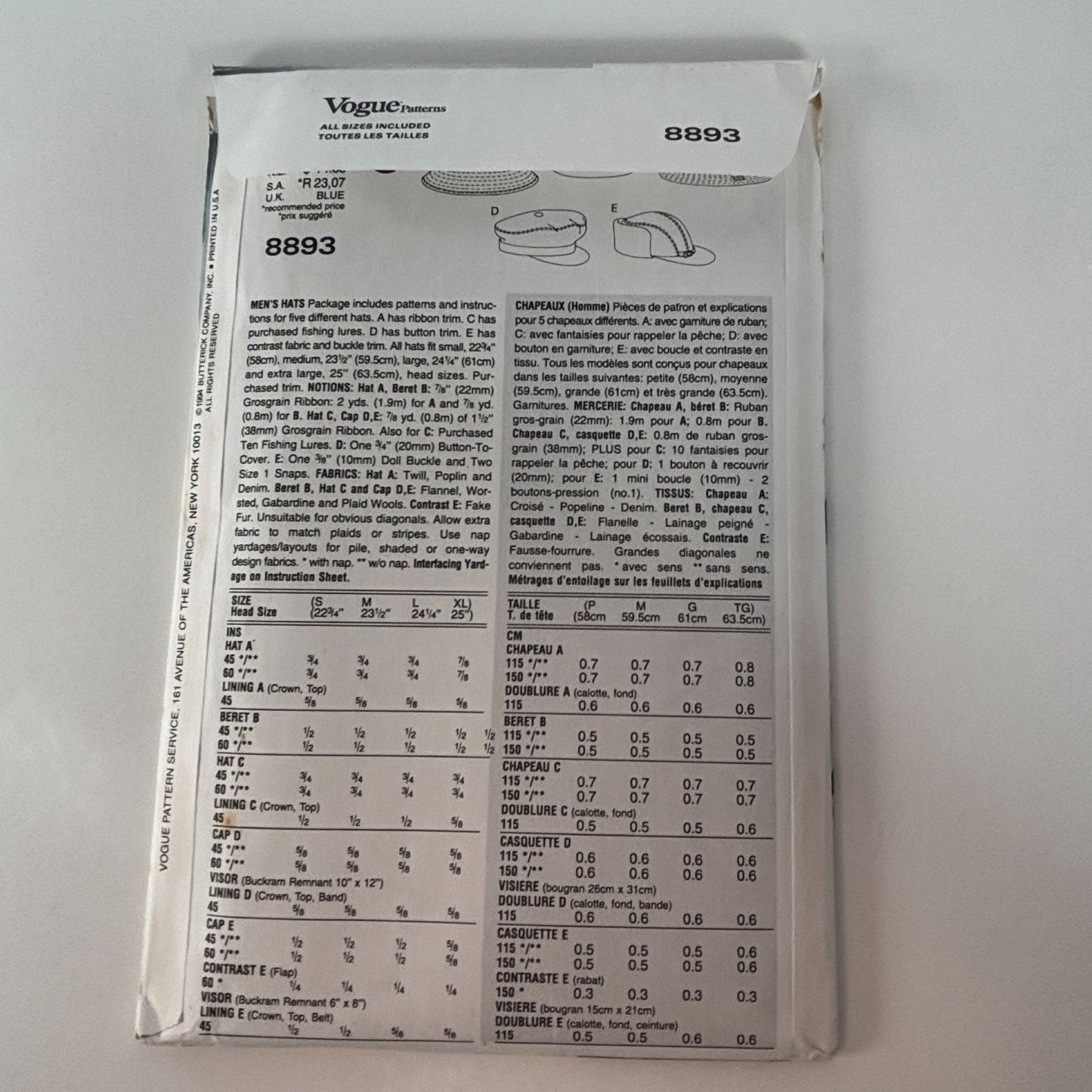 Vogue Sewing Pattern 8893 Hat Beret Bucket Trilby Hunters Newsboy Messenger Golf