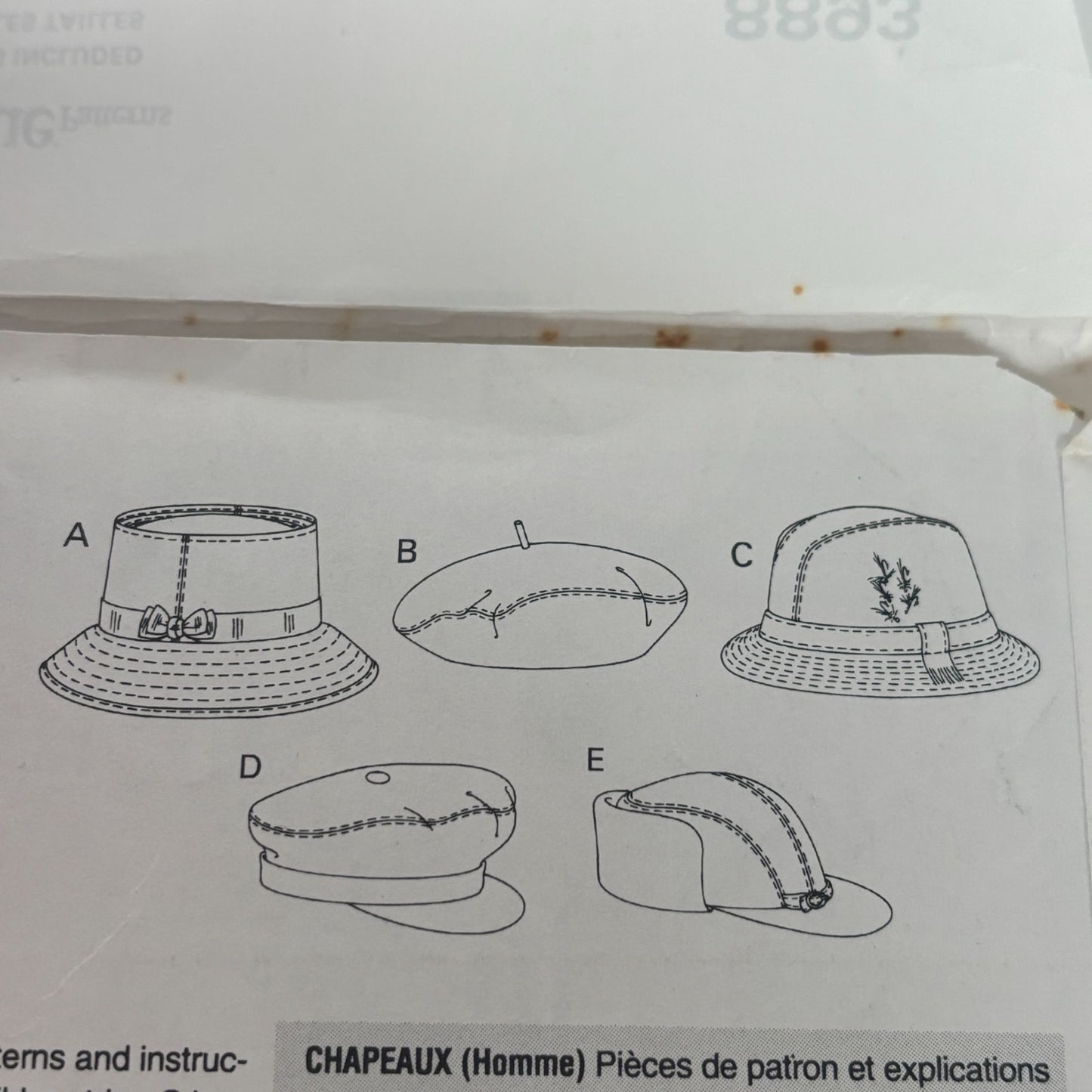 Vogue Sewing Pattern 8893 Hat Beret Bucket Trilby Hunters Newsboy Messenger Golf