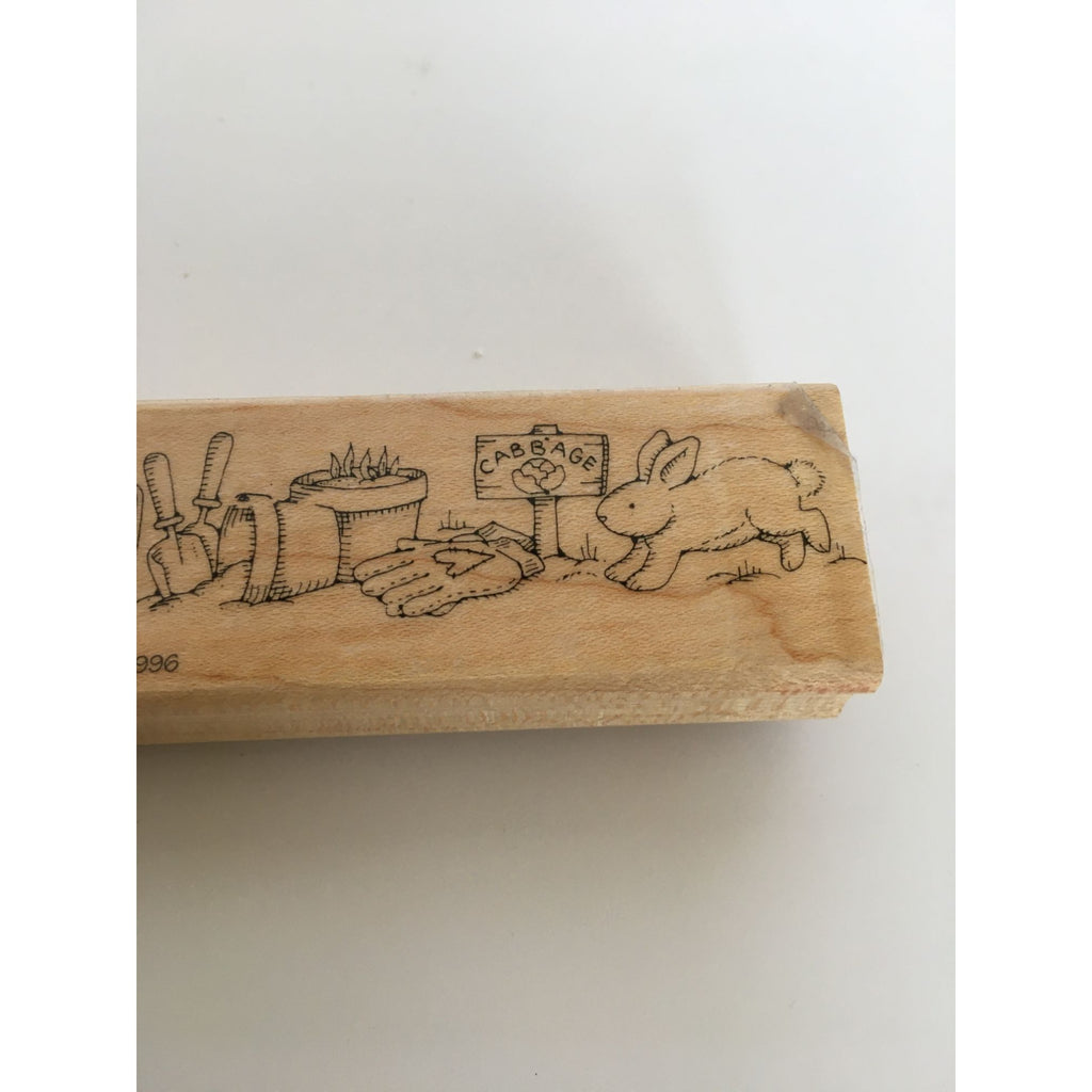 Stampin Up Rubber Stamp Garden Border Rabbits and Gardening Tools Flower Pot Hat