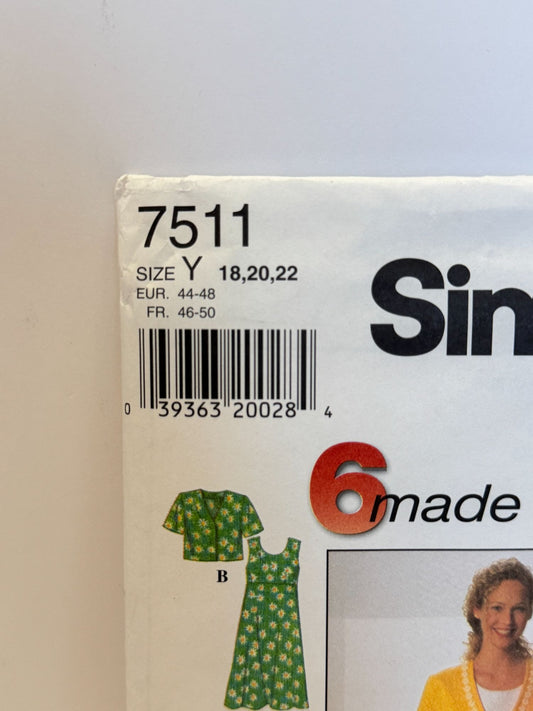 Simplicity Sewing Pattern 7511 Misses Dress Jacket Work Career Easy 18 20 22 UC