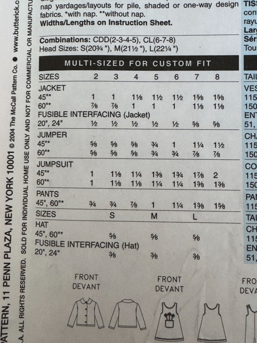 Butterick Sewing Pattern B4335 Winter Jacket Jumper Pants Toddler Girls 2 3 4 5