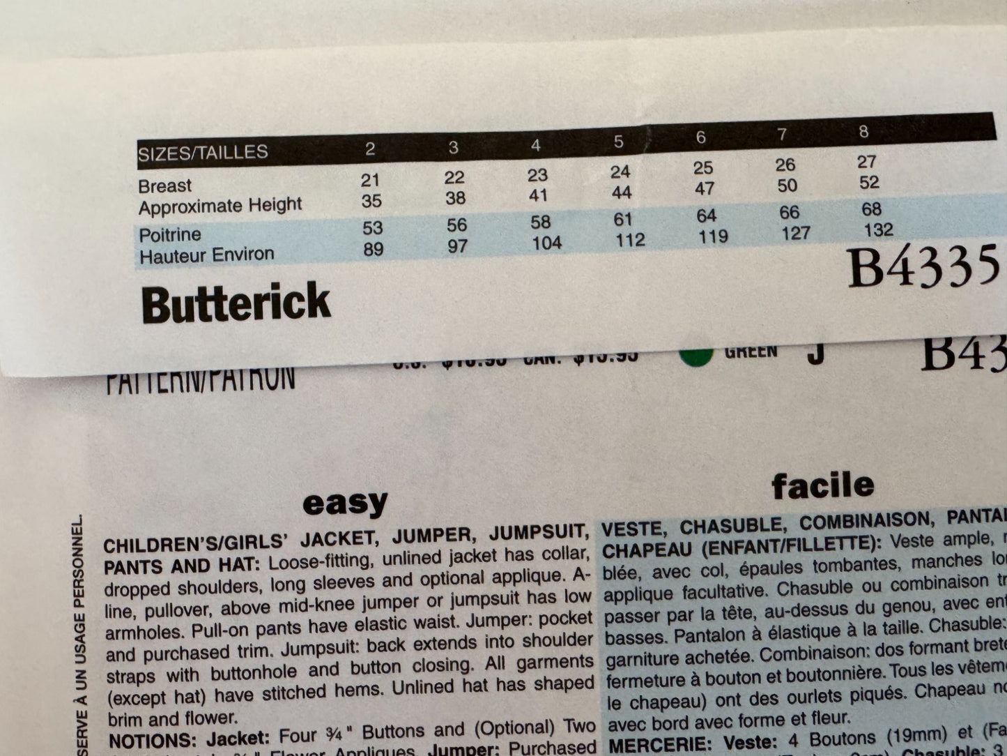 Butterick Sewing Pattern B4335 Winter Jacket Jumper Pants Toddler Girls 2 3 4 5