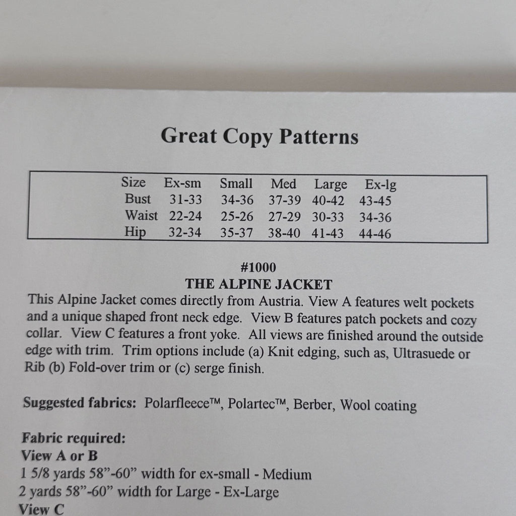 Great Copy Sewing Pattern 1000 Alpine Fleece Jacket Pizzazz Austrian XS-XL UC
