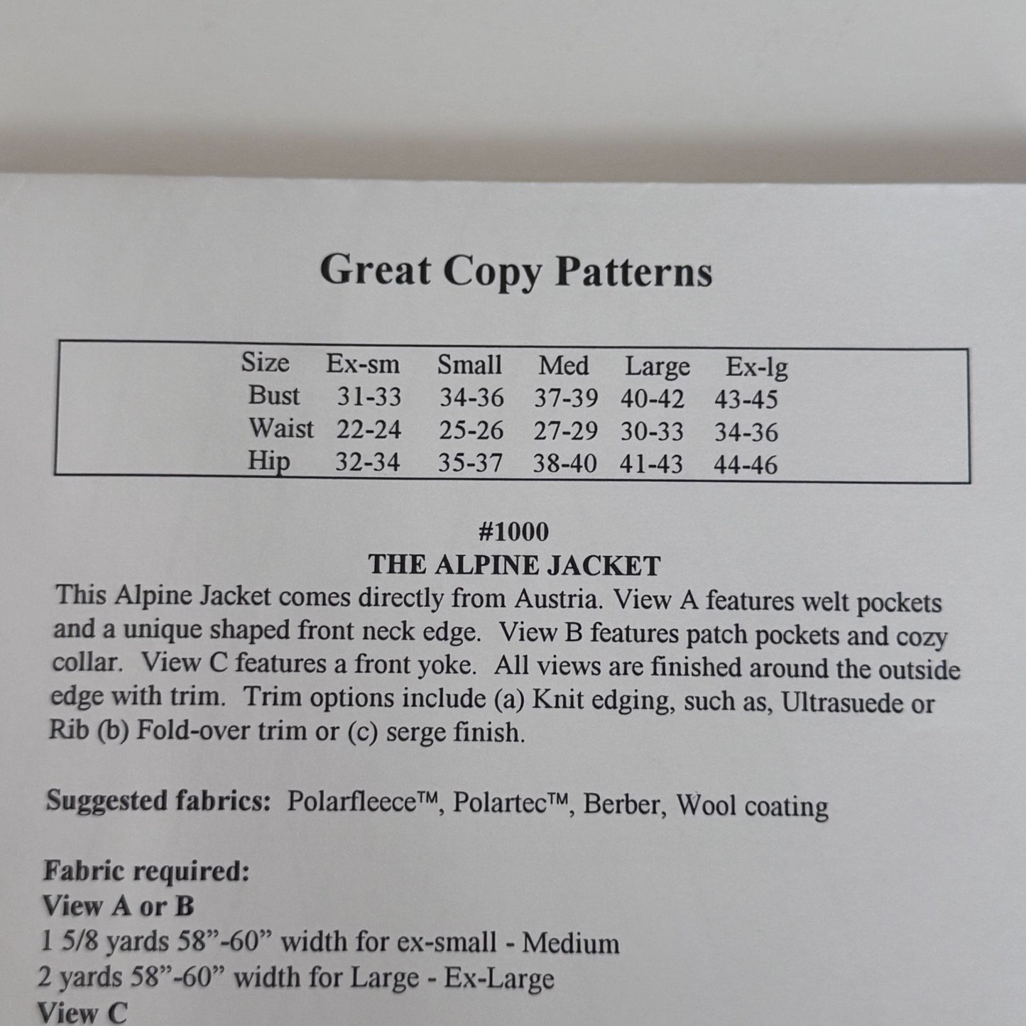 Great Copy Sewing Pattern 1000 Alpine Fleece Jacket Pizzazz Austrian XS-XL UC