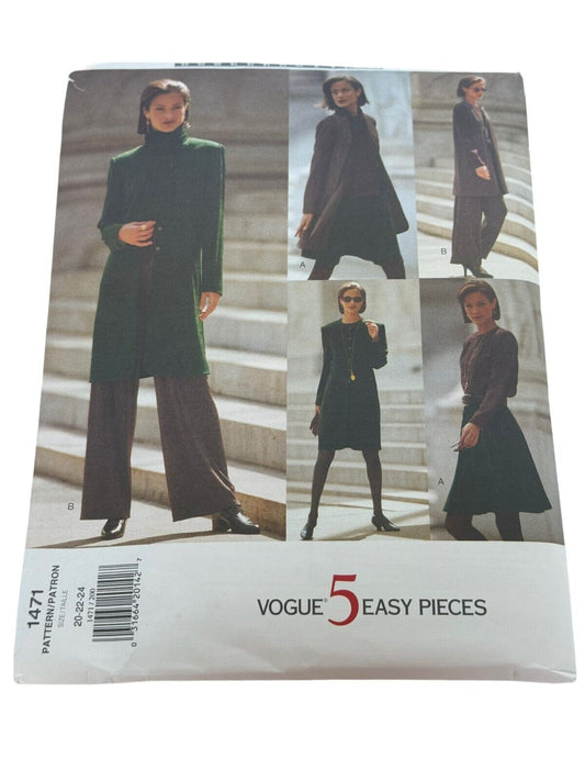 Vogue 1471 Sewing Pattern Misses Jacket Vest Top Skirt Pants Scarf Minimalist 90s Wardrobe Capsule Size 20-24 UNCUT