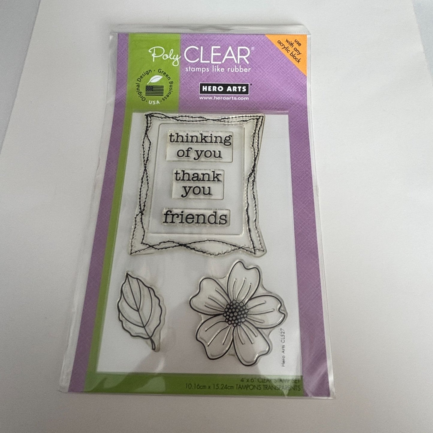 Hero Arts Poly Clear Stamp Set Stitched Frame 4x6 Thinking Of You Thank You Leaf