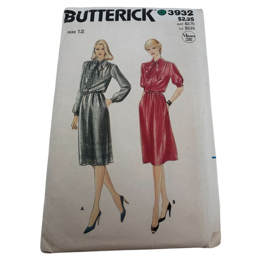 Butterick Sewing Pattern 3932 Dress Tie Belt Vintage Size 12 Work Career Uncut