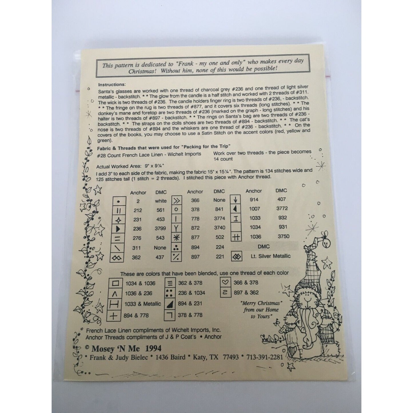 Mosey N Me Cross Stitch Pattern Packing for the Trip Santa Gift Bag Christmas Needlework