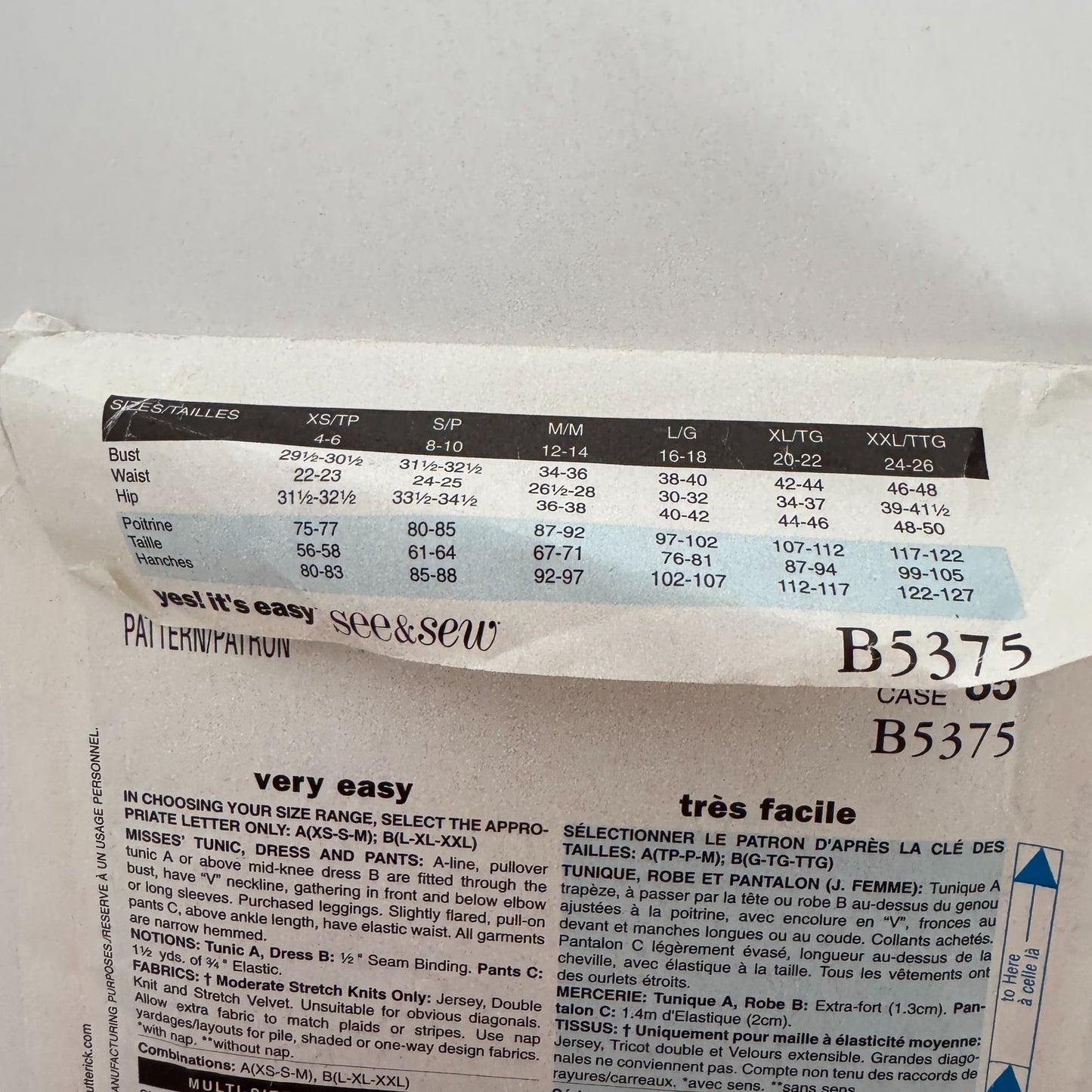 Butterick See and Sew Sewing Pattern B5375 Misses Tunic Dress Pants Easy 4-14 UC