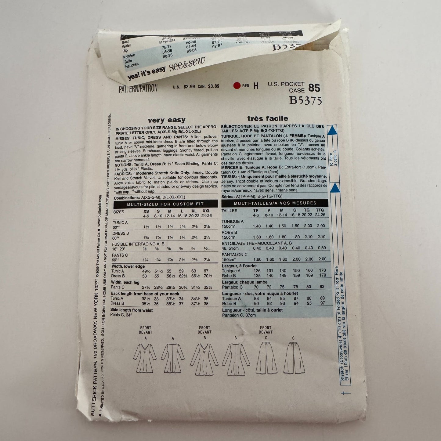 Butterick See and Sew Sewing Pattern B5375 Misses Tunic Dress Pants Easy 4-14 UC