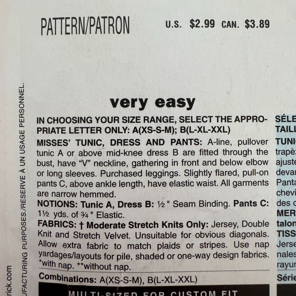 Butterick See and Sew Sewing Pattern B5375 Misses Tunic Dress Pants Easy 4-14 UC