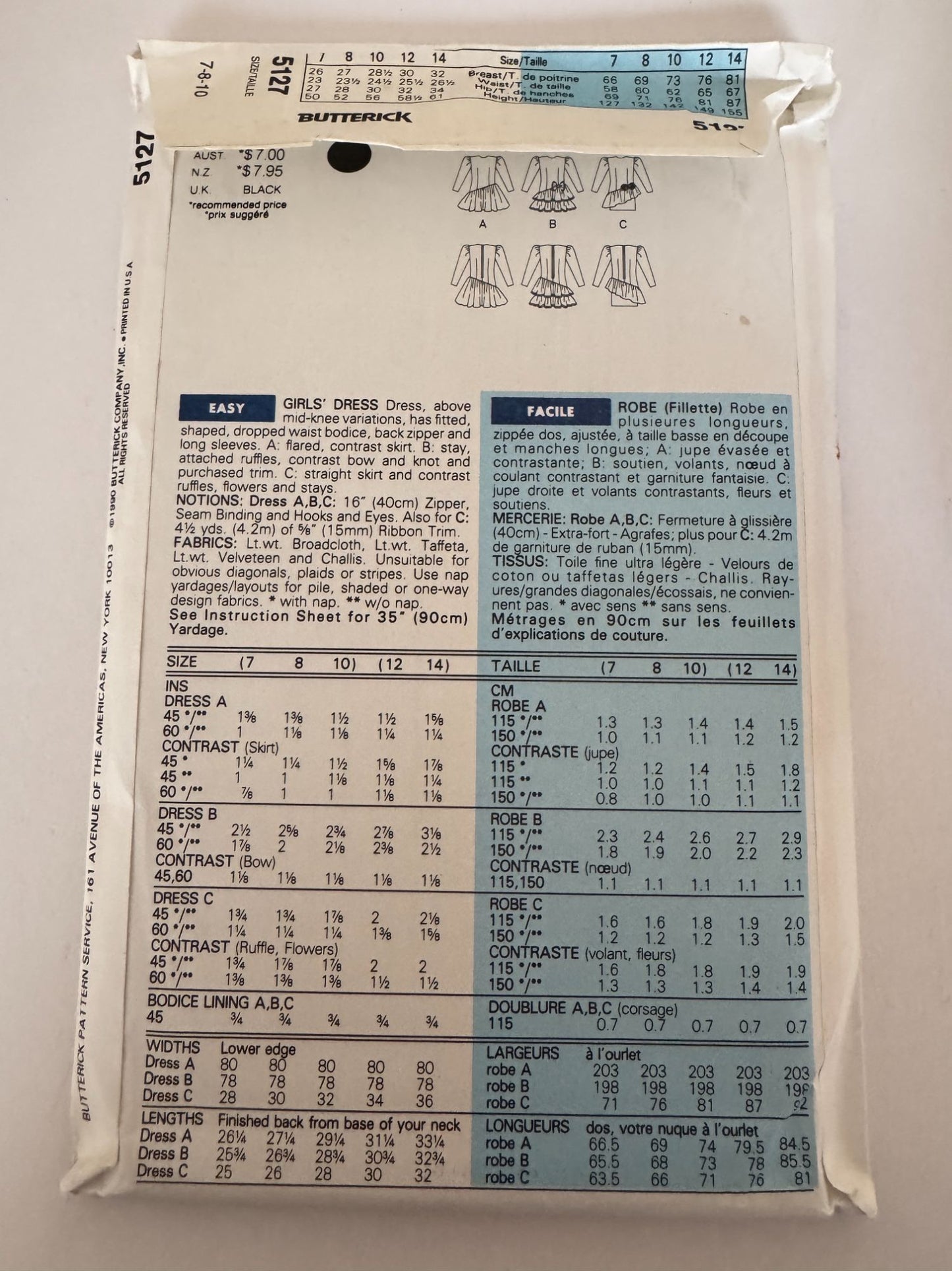 Butterick Sewing Pattern 5127 Girls Party Dress Ruffles Dropped Waist Bow 7 8 10