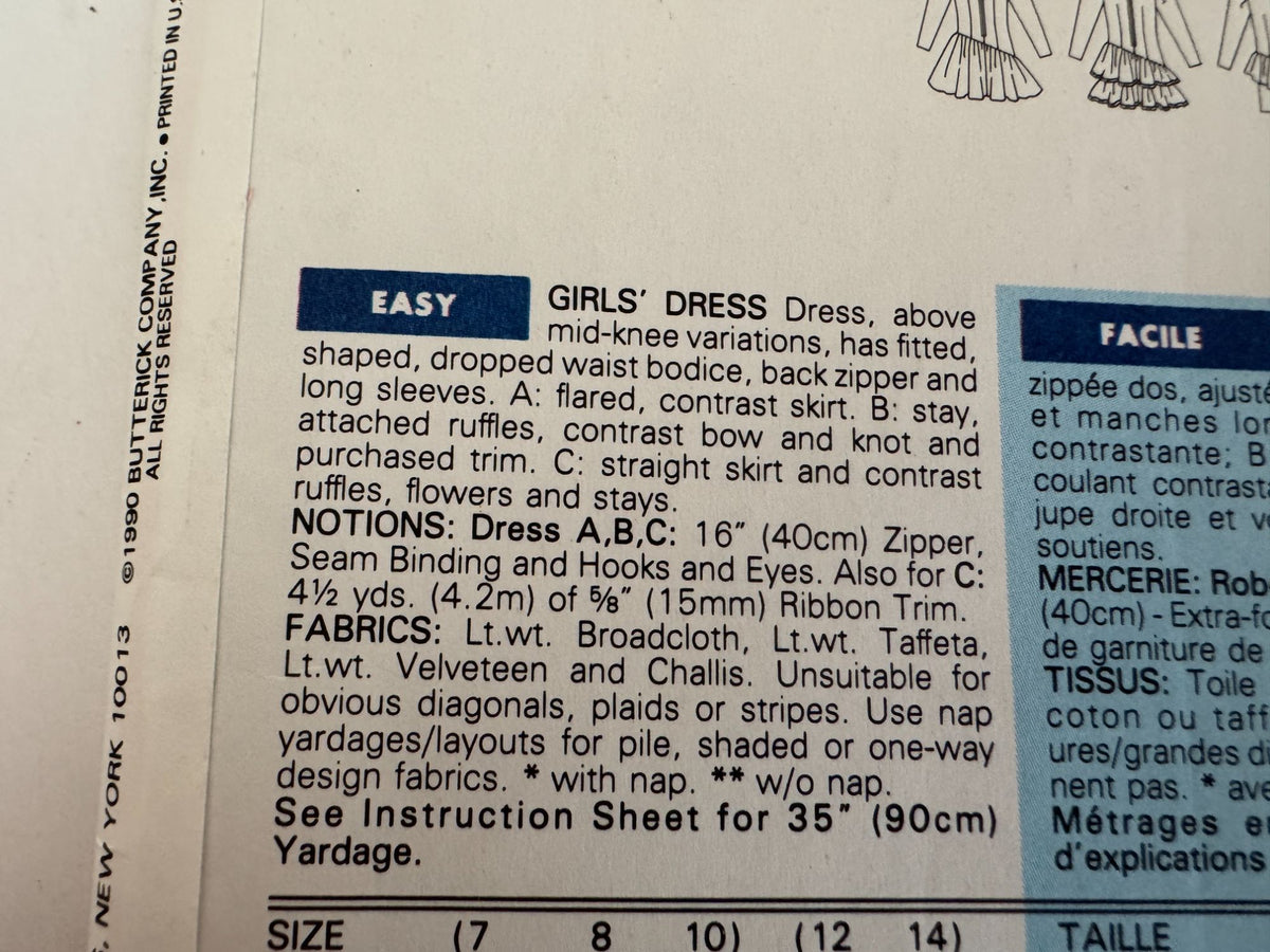 Butterick Sewing Pattern 5127 Girls Party Dress Ruffles Dropped Waist Bow 7 8 10