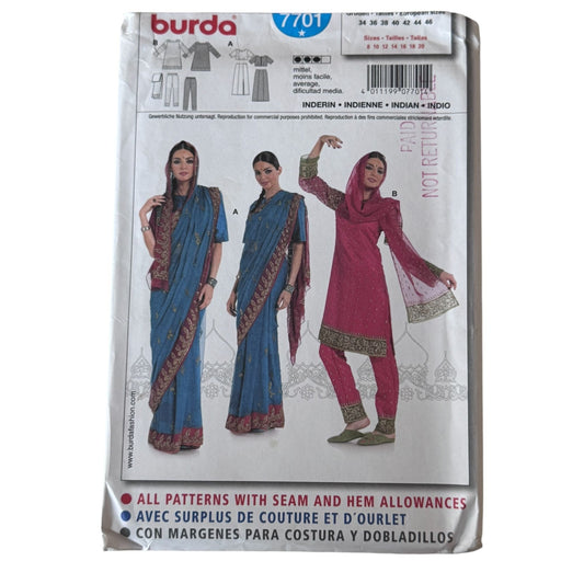 Burda Sewing Pattern 7701 Indian Sari Salwar Kameez Bollywood Outfit 8-20 Uncut