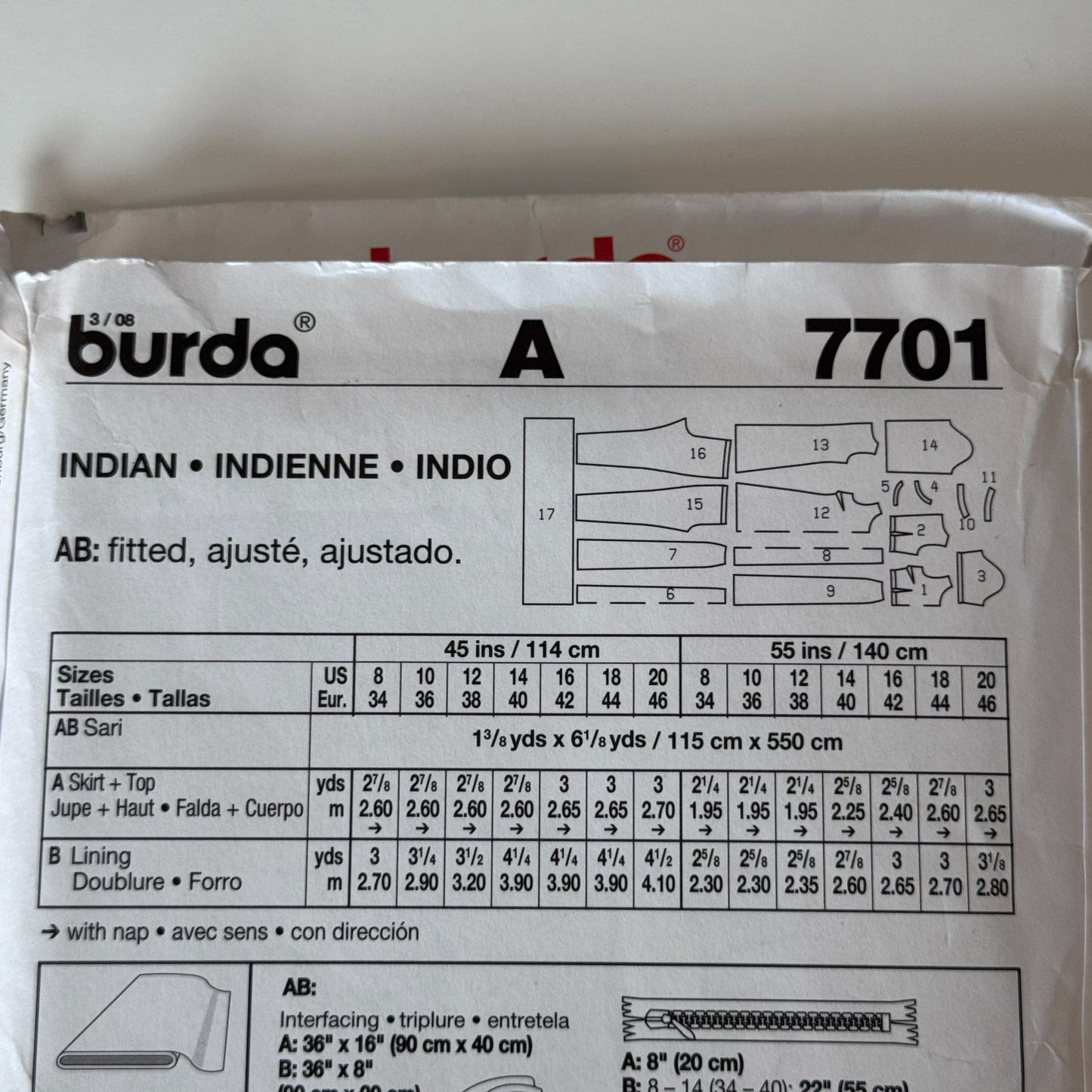 Burda Sewing Pattern 7701 Indian Sari Salwar Kameez Bollywood Outfit 8-20 Uncut