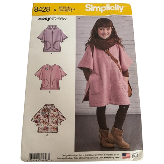 Simplicity Sewing Pattern 8428 Child Poncho S M L Easy Outerwear Fall Flannel UC
