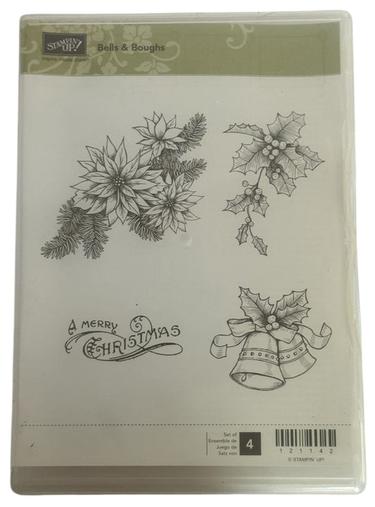 Stampin Up Rubber Stamps Bells and Boughs A Merry Christmas Card Making Set of 4