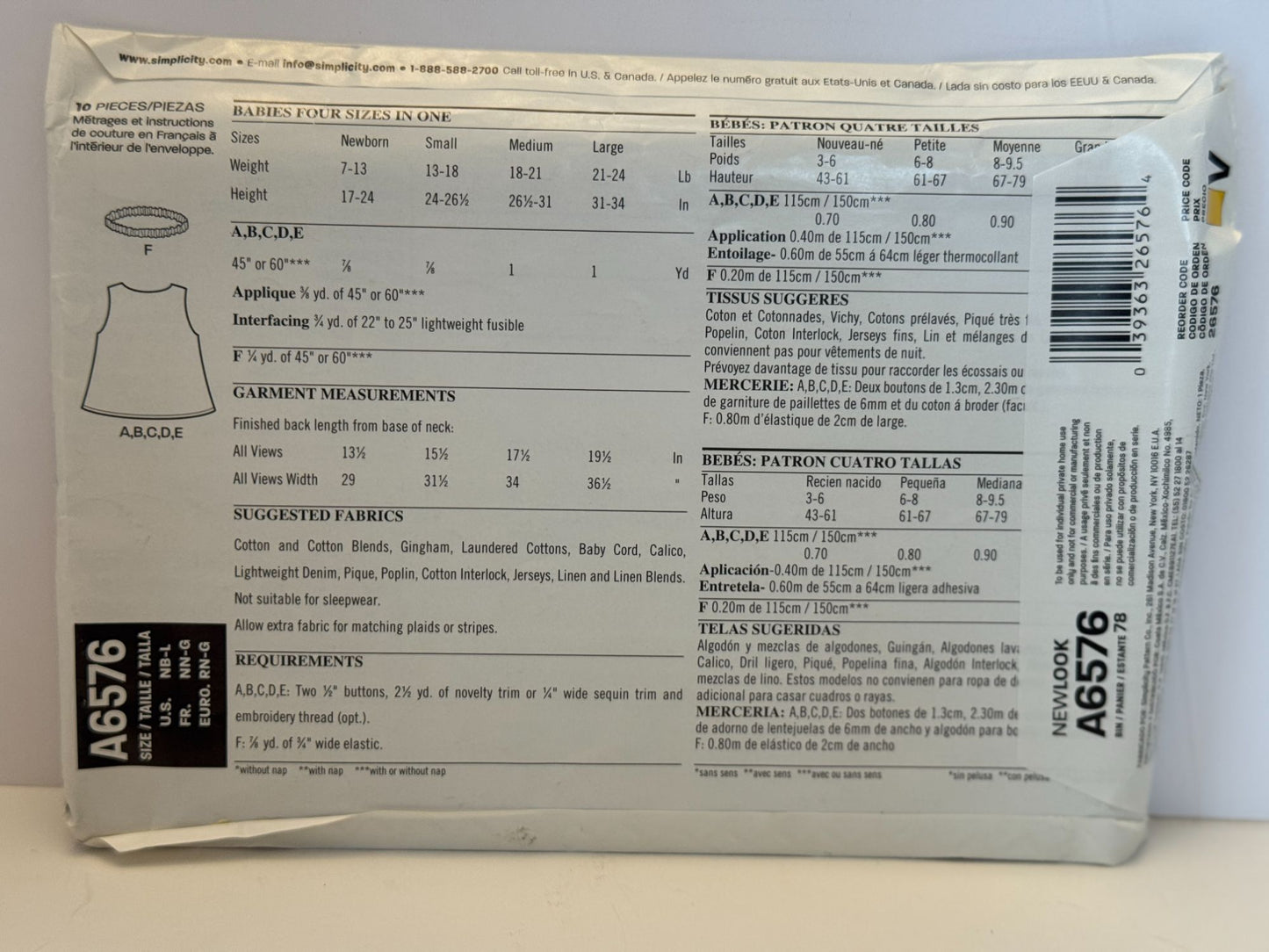 New Look Sewing Pattern A6576 Baby Dress Infant Girl Summer Easy Simplicity UC