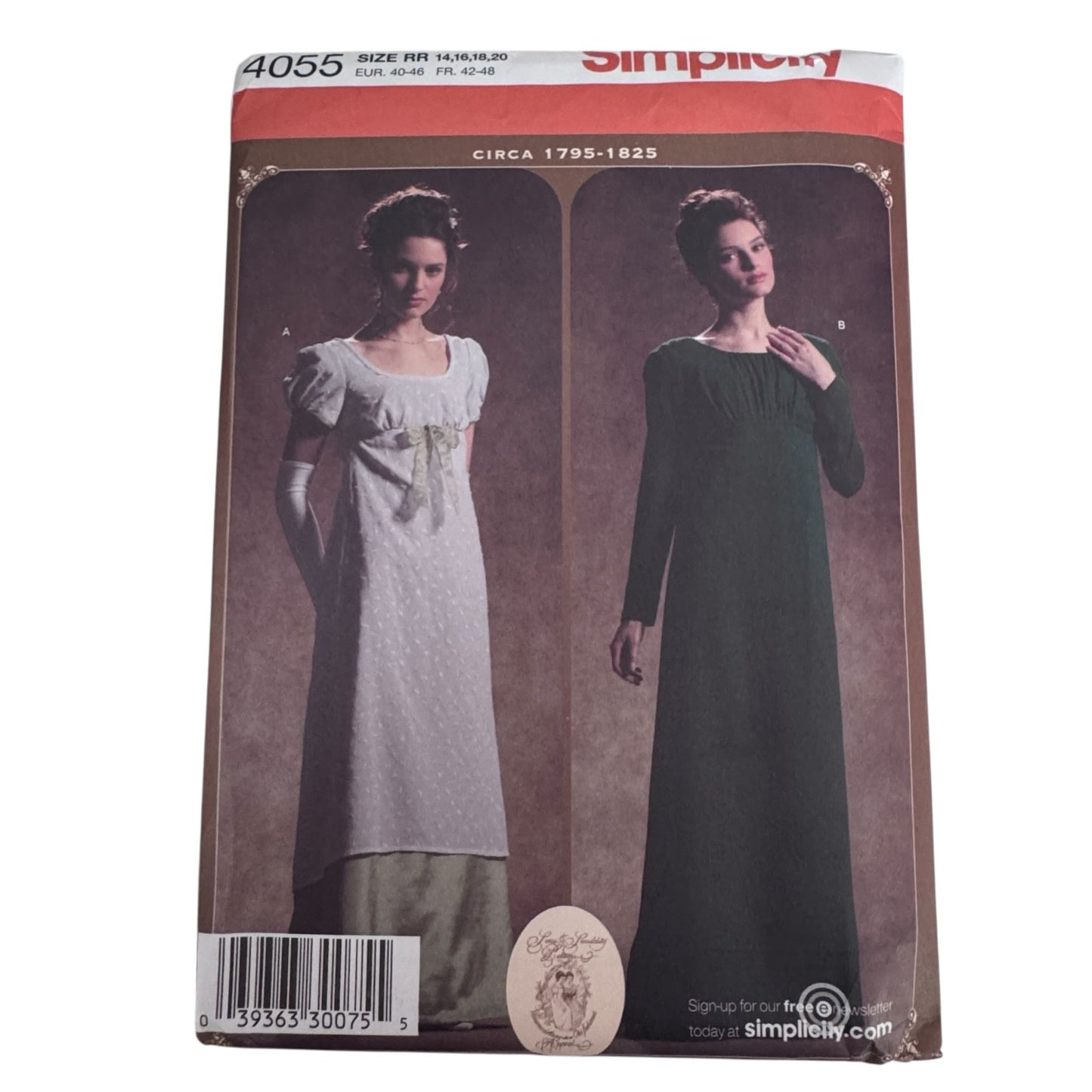 Simplicity Sewing Pattern 4055 Regency Era Dress Historical Costume 14-20 Uncut Circa 1795-1825 Halloween