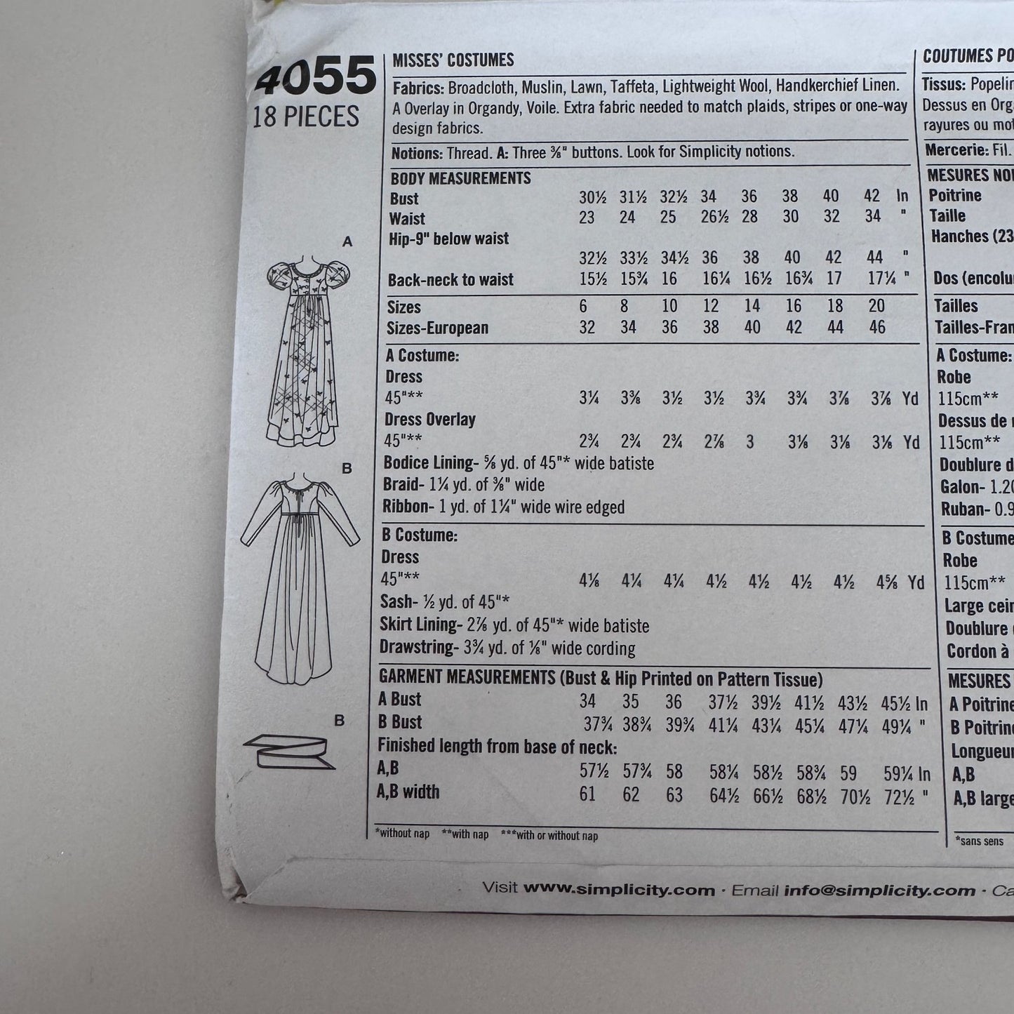 Simplicity Sewing Pattern 4055 Regency Era Dress Historical Costume 14-20 Uncut Circa 1795-1825 Halloween
