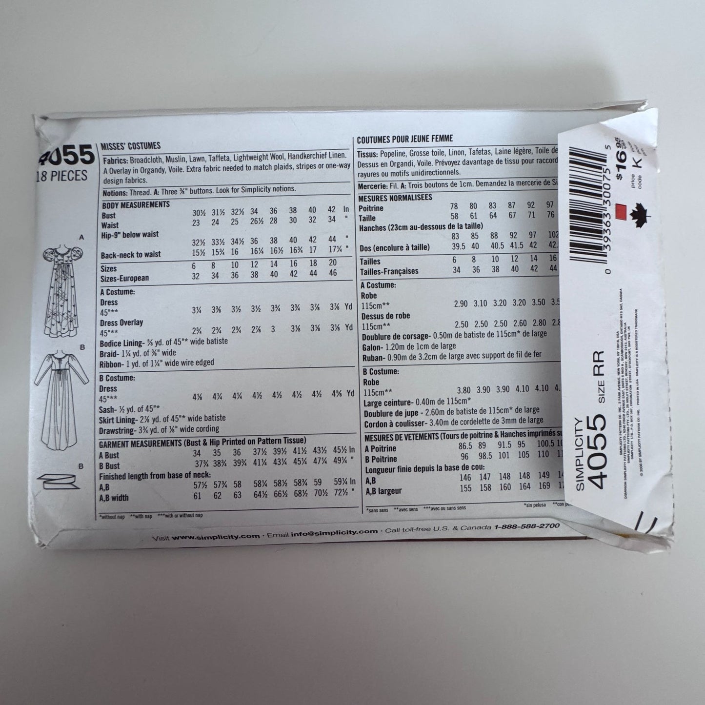 Simplicity Sewing Pattern 4055 Regency Era Dress Historical Costume 14-20 Uncut Circa 1795-1825 Halloween