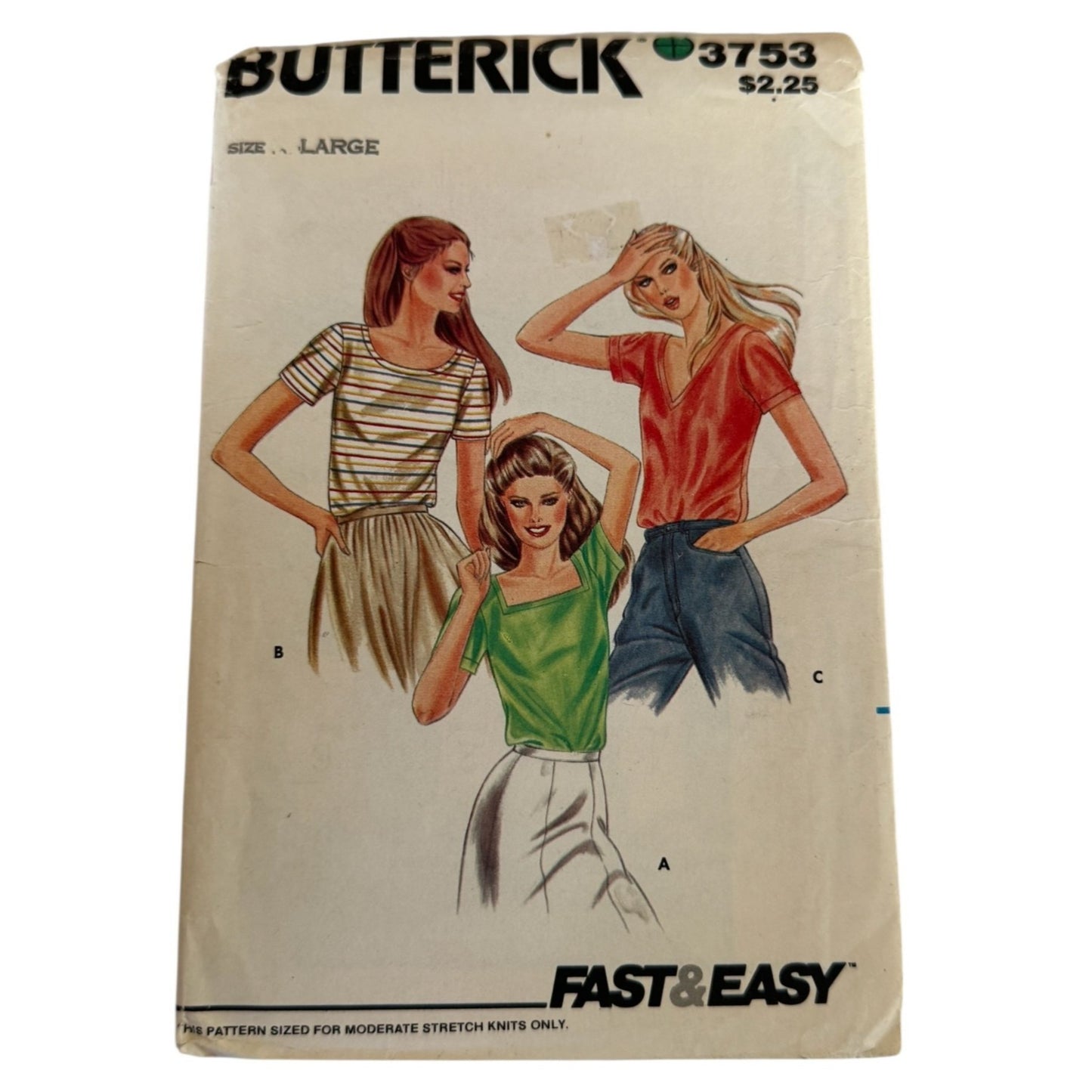 Vintage 80s Knit Top Sewing Pattern Retro Square Neck Tee Butterick 3753 1980s Large Casual Fashion 16 18