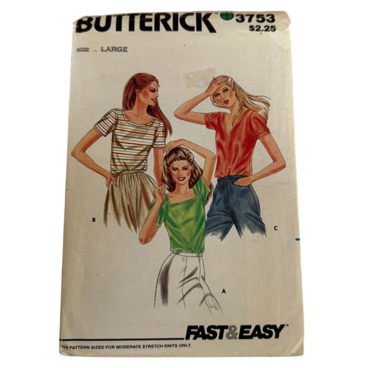 Vintage 80s Knit Top Sewing Pattern Retro Square Neck Tee Butterick 3753 1980s Large Casual Fashion 16 18