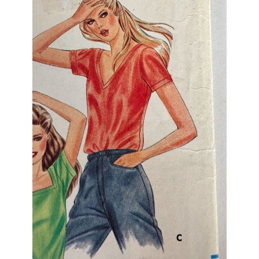 Vintage 80s Knit Top Sewing Pattern Retro Square Neck Tee Butterick 3753 1980s Large Casual Fashion 16 18