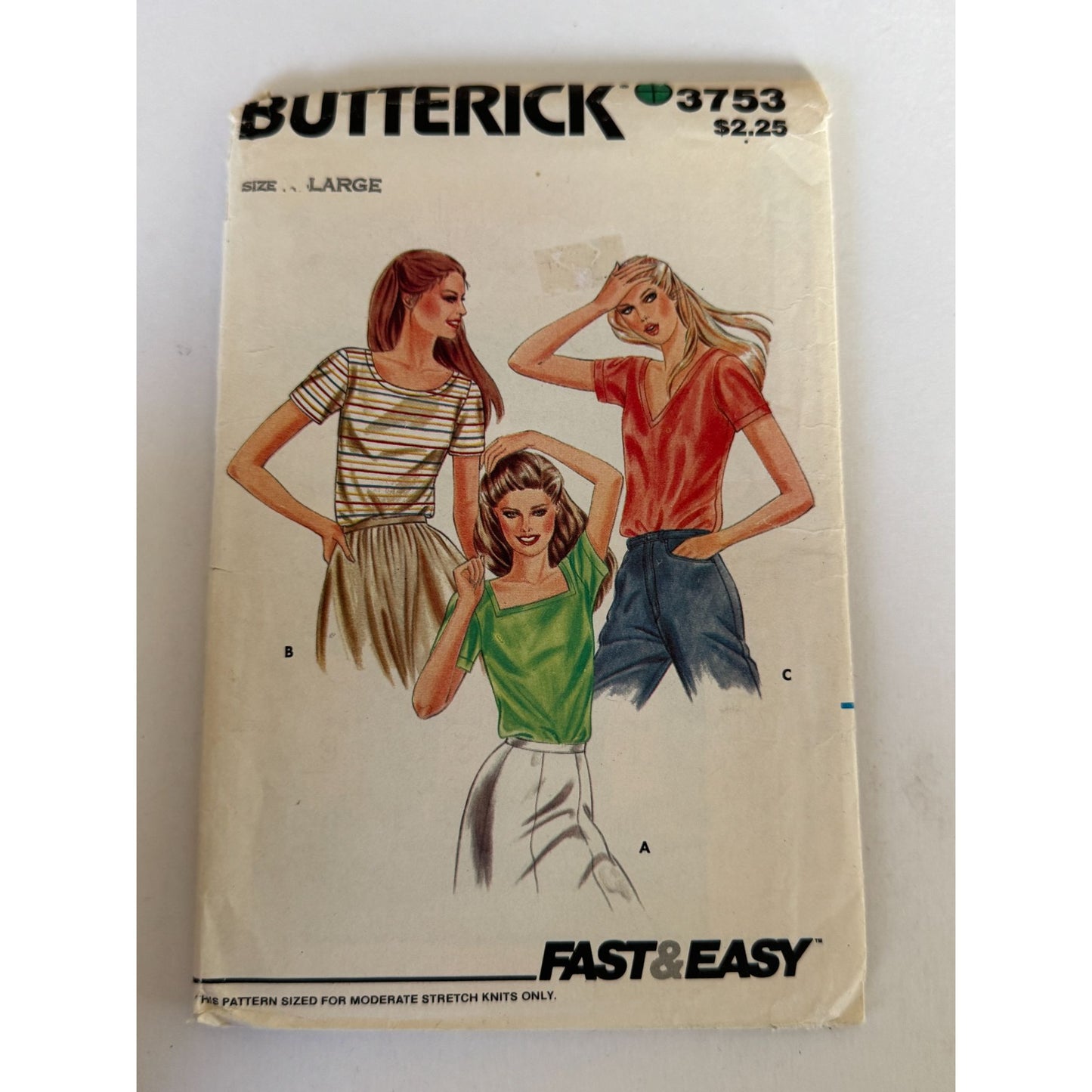 Vintage 80s Knit Top Sewing Pattern Retro Square Neck Tee Butterick 3753 1980s Large Casual Fashion 16 18