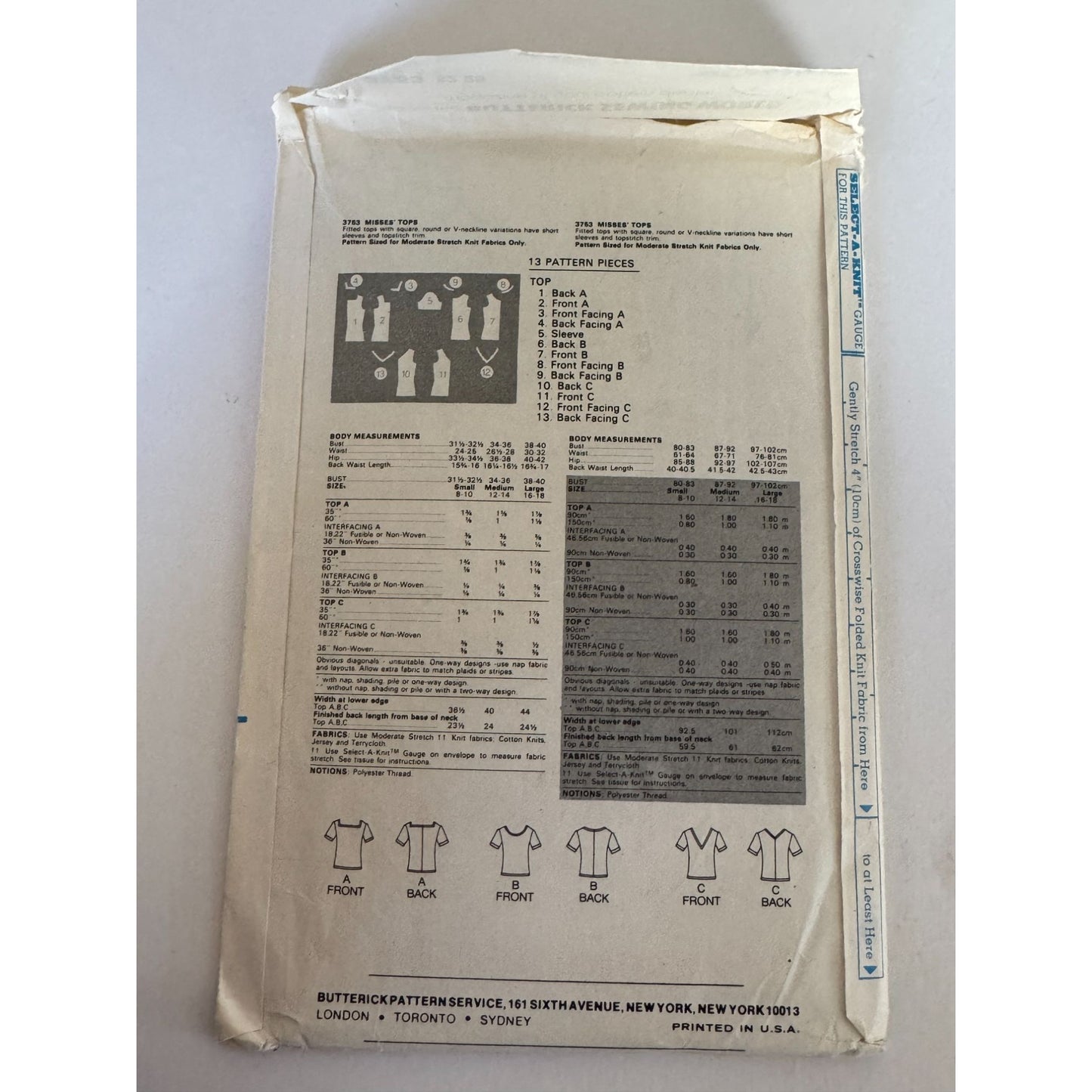 Vintage 80s Knit Top Sewing Pattern Retro Square Neck Tee Butterick 3753 1980s Large Casual Fashion 16 18