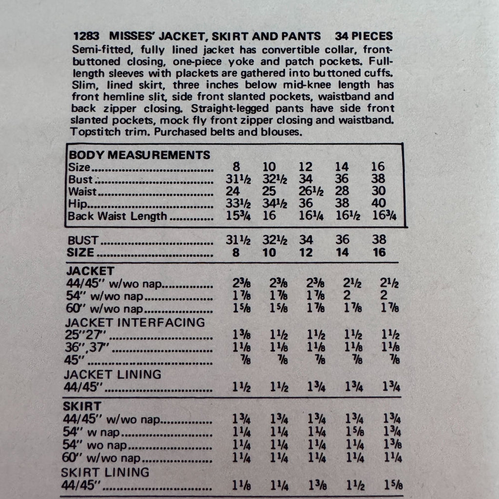 Vogue Sewing Pattern 1283 Paris Original Jean Patou Work Suit Vintage 1970s 14 Uncut