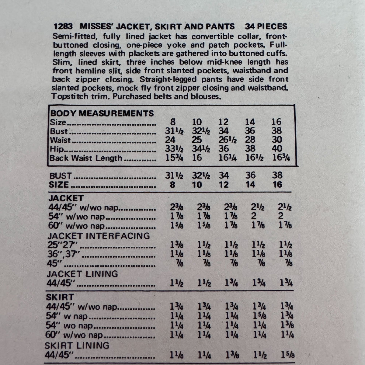 Vogue Sewing Pattern 1283 Paris Original Jean Patou Work Suit Vintage 1970s 14 Uncut