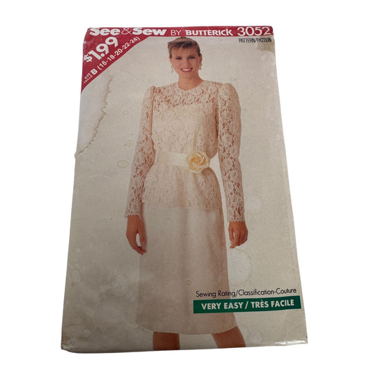 Butterick Sewing Pattern 3052 Semi Formal Dress Top Easy 1980s UC 16 18 20 22 24