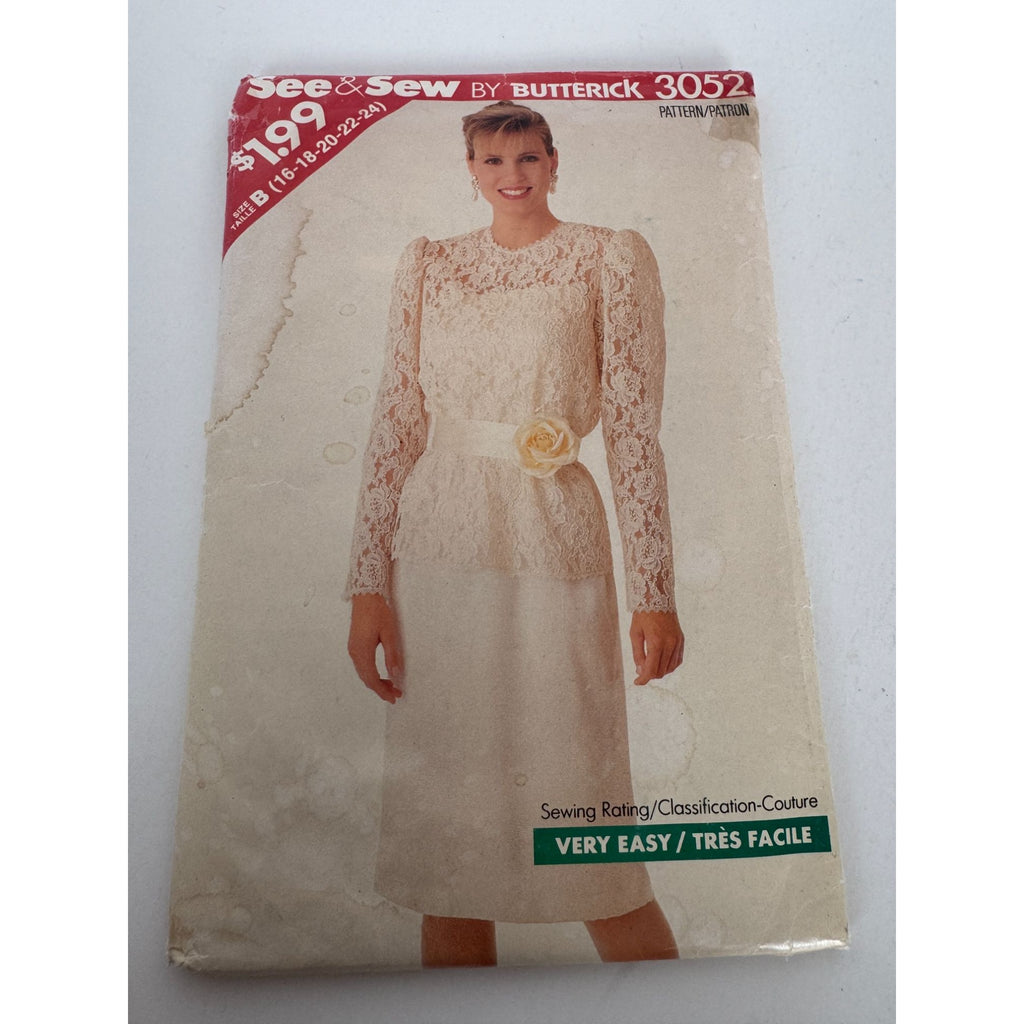 Butterick Sewing Pattern 3052 Semi Formal Dress Top Easy 1980s UC 16 18 20 22 24