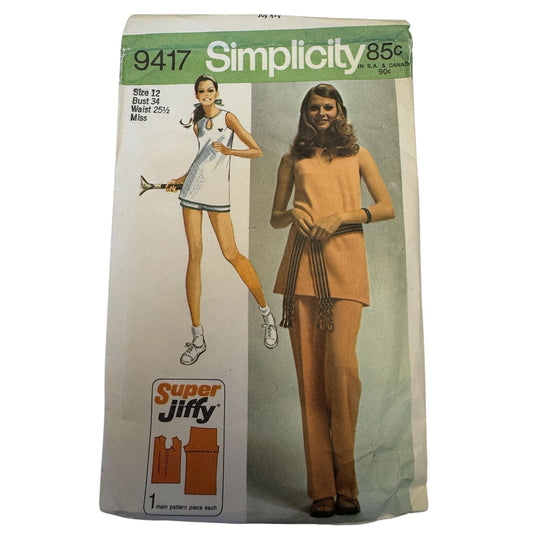 Simplicity 9417 Super Jiffy Vintage Sewing Pattern Tunic & Pants Size 12 Bust 34 Misses 1971