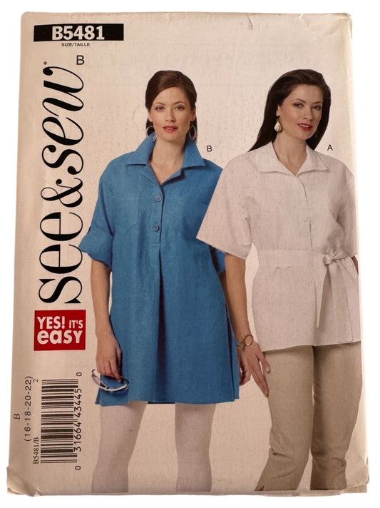 Butterick Sewing Pattern B5481 Tunic Top Shirt Work Casual Collar 16 18 20 22 UC