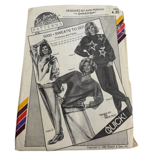 Stretch and Sew Sewing Pattern 5000 Sweats To Go Sweatpants Sweatshirt UC 1980s