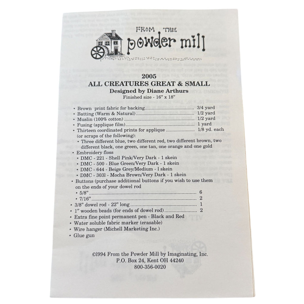 Powder Mill Applique Quilt Pattern Farm Animal All Creatures Great and Small Cat Pig
