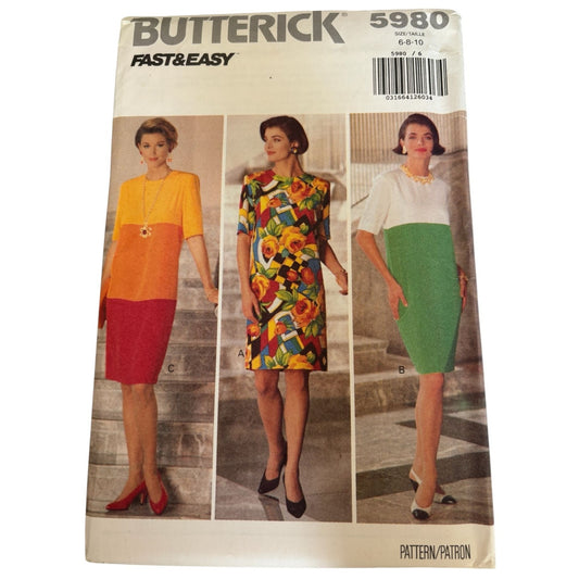 Butterick Sewing Pattern 5980 Sheath Dress Color Block Fast Easy Career 6 8 10