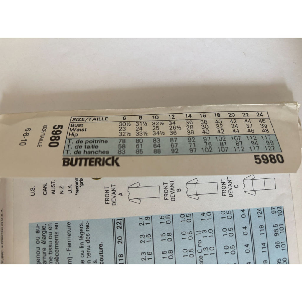 Butterick Sewing Pattern 5980 Sheath Dress Color Block Fast Easy Career 6 8 10