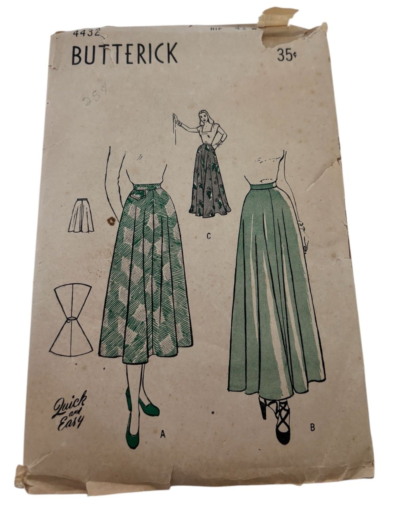 Butterick Sewing Pattern 4432 Vintage Four Gore Skirt 1940s 32 Inch Waist Easy